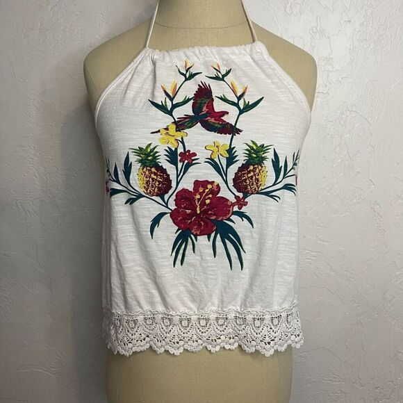 Element Y2K Halter Top Whit Lace Trim Floral Bird Size Medium - Picture 2 of 10